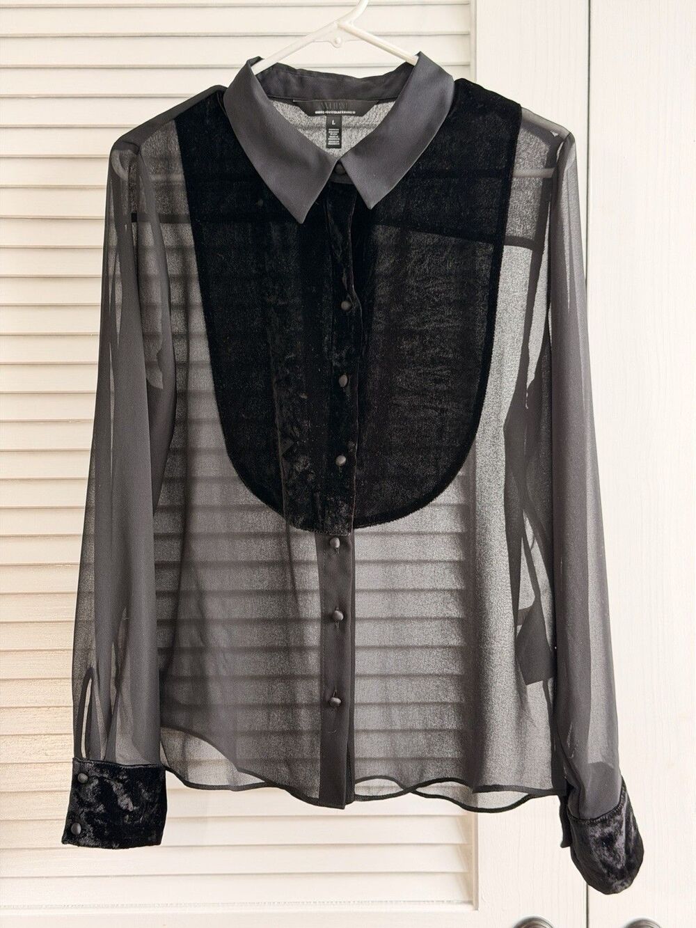 White House Black Market Blouse L Black Sheer Velvet Tuxedo Bib Button Up